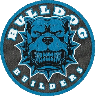 Bulldog Builders Logo. Round Blue, white, and navy colors