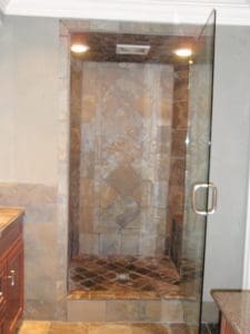 Tiled Bath built in seat,Hardware, and shower head, and glass door